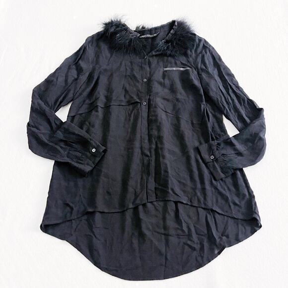 Zara Black Button Down Faux Feather Collar Leather Trim Top SZM - Picture 6 of 6